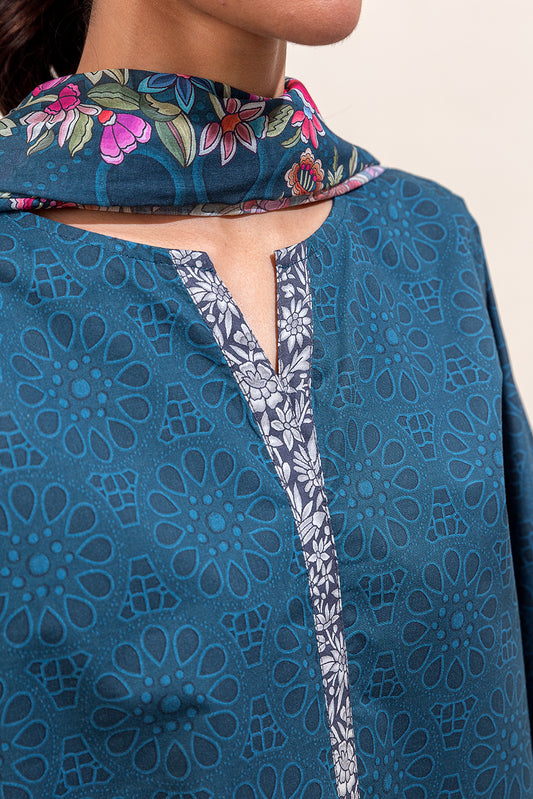 3 PIECE PRINTED LAWN SUIT-SAPPHIRE BLUE (UNSTITCHED)