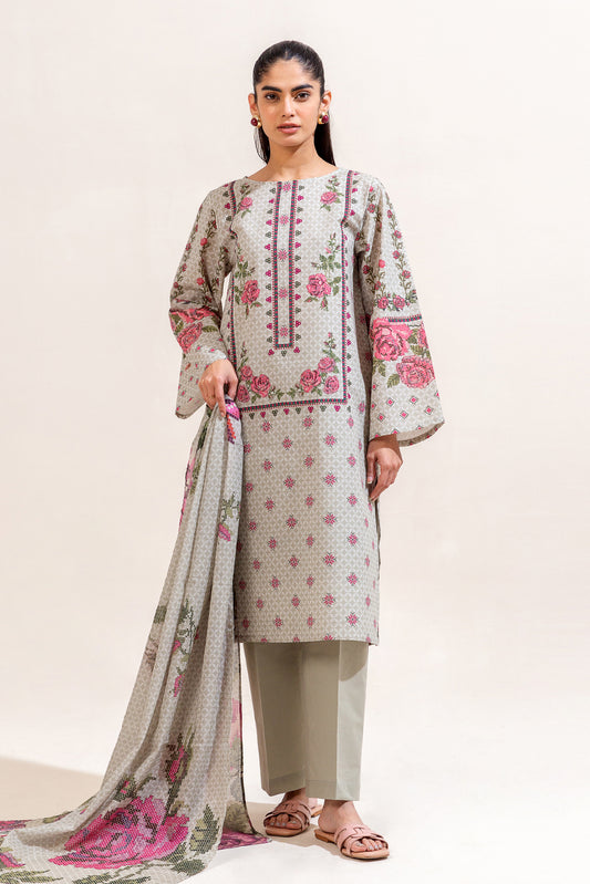 3 PIECE PRINTED LAWN SUIT-FLORA RIME (UNSTITCHED)