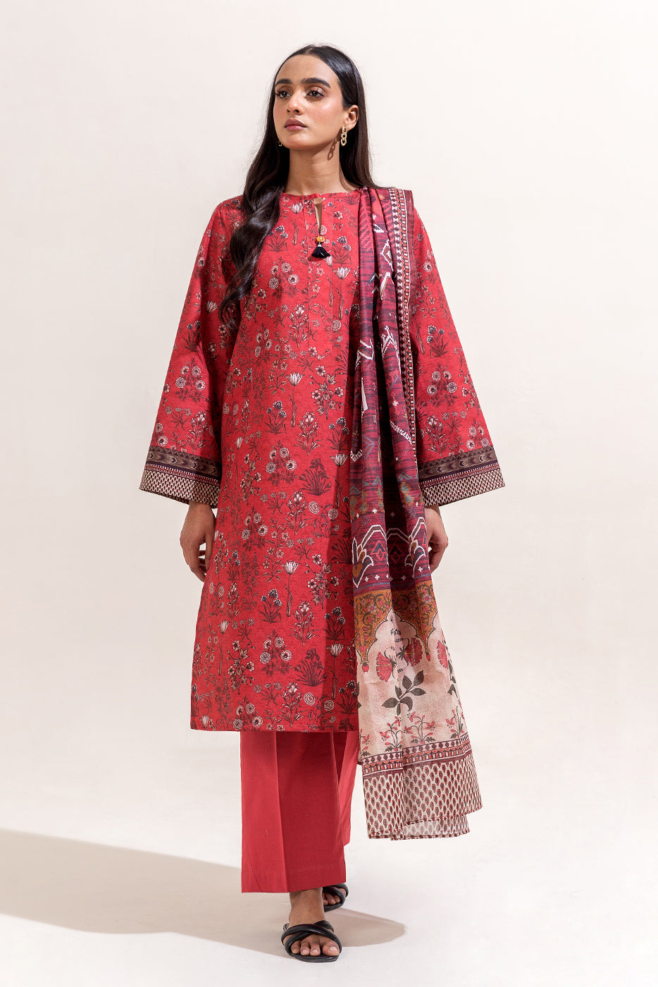 3 PIECE PRINTED LAWN SUIT-ROUGE BUNCH (UNSTITCHED)