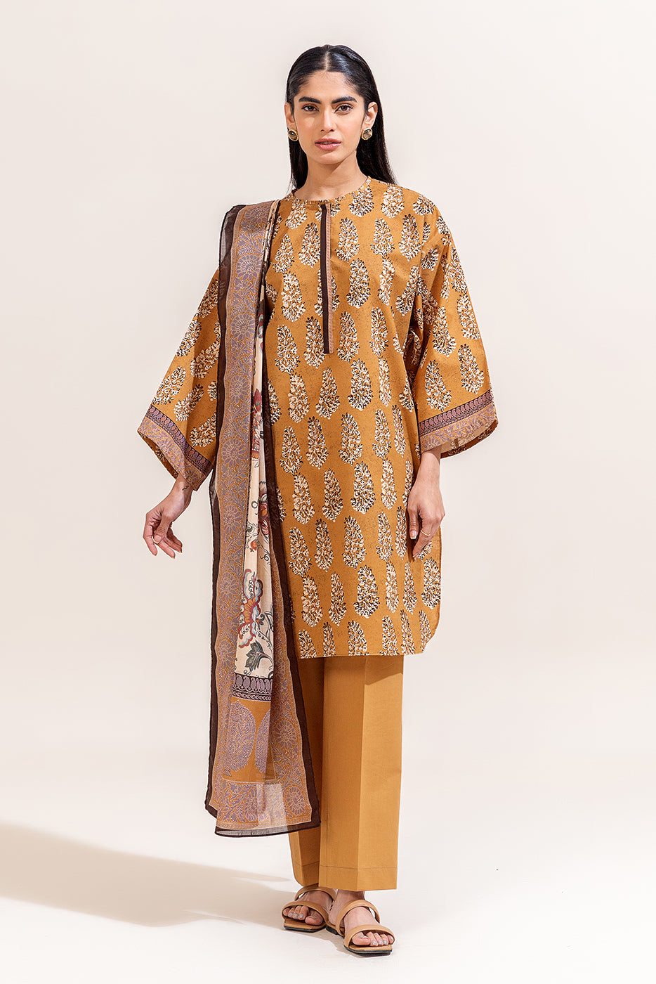 3 PIECE PRINTED LAWN SUIT-MUSTARD HUES (UNSTITCHED)