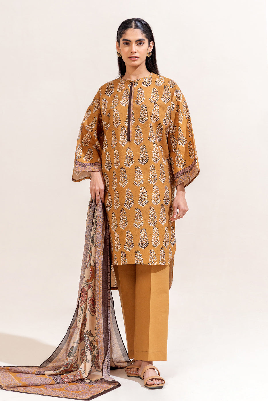 3 PIECE PRINTED LAWN SUIT-MUSTARD HUES (UNSTITCHED)