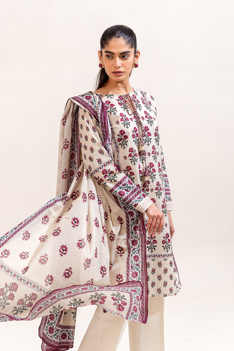 3 PIECE PRINTED LAWN SUIT-BEIGE TRIBE (UNSTITCHED)