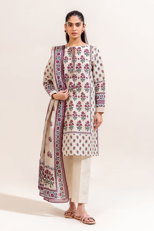 3 PIECE PRINTED LAWN SUIT-BEIGE TRIBE (UNSTITCHED)