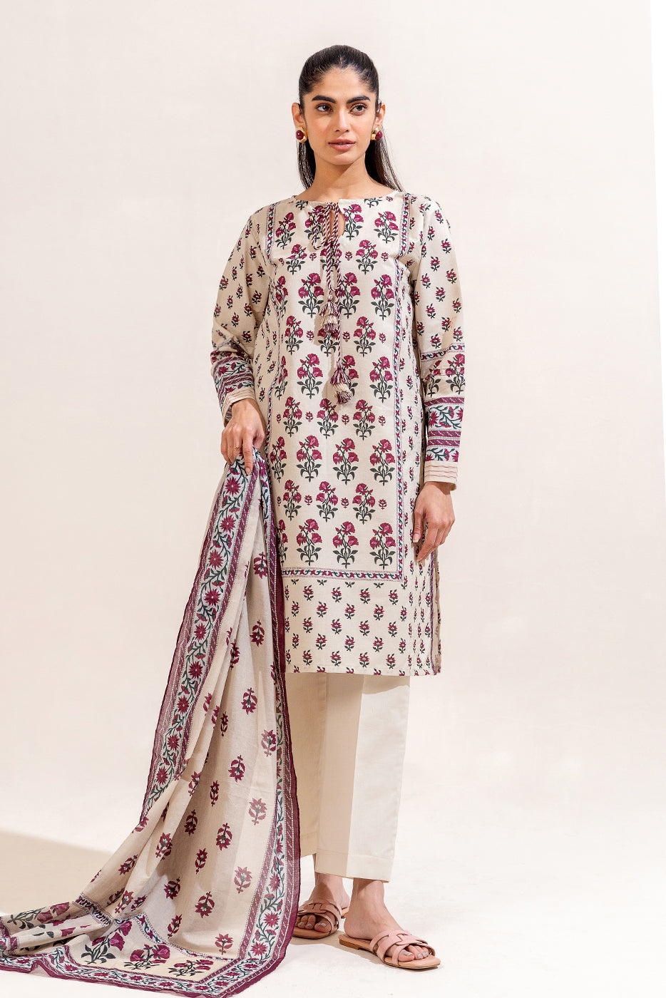 3 PIECE PRINTED LAWN SUIT-BEIGE TRIBE (UNSTITCHED)