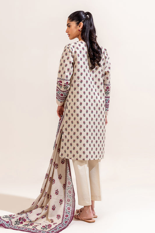 3 PIECE PRINTED LAWN SUIT-BEIGE TRIBE (UNSTITCHED)