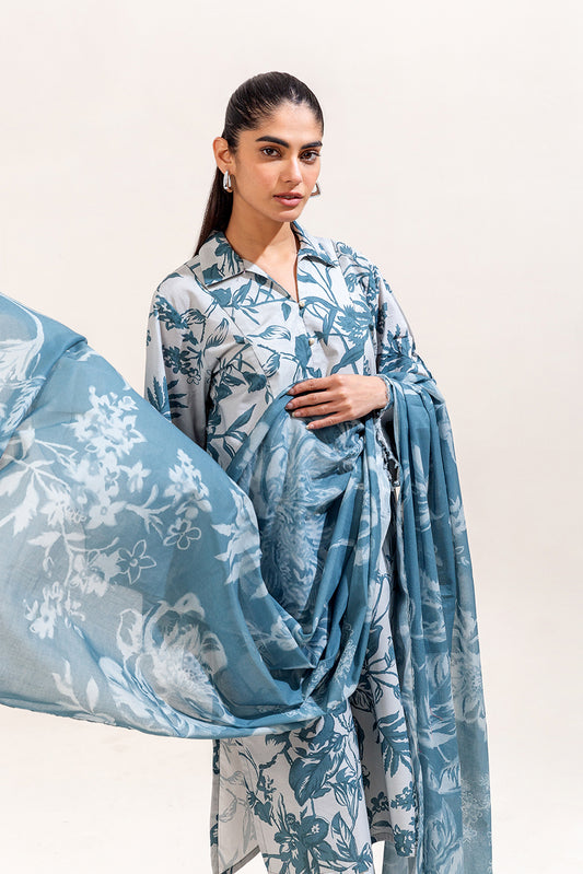 3 PIECE PRINTED LAWN SUIT-CERULEAN PUNCH (UNSTITCHED)