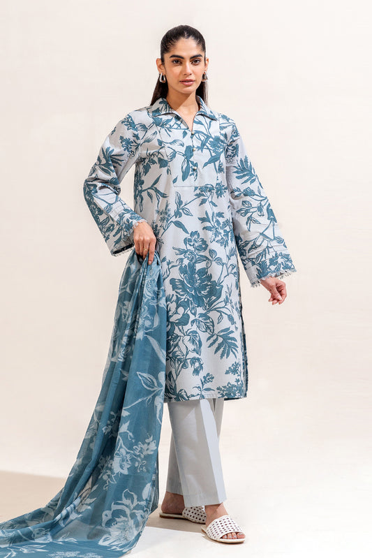3 PIECE PRINTED LAWN SUIT-CERULEAN PUNCH (UNSTITCHED)