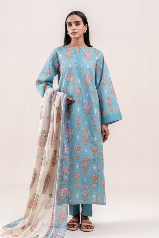 3 PIECE PRINTED LAWN SUIT-CADET NOIR (UNSTITCHED)