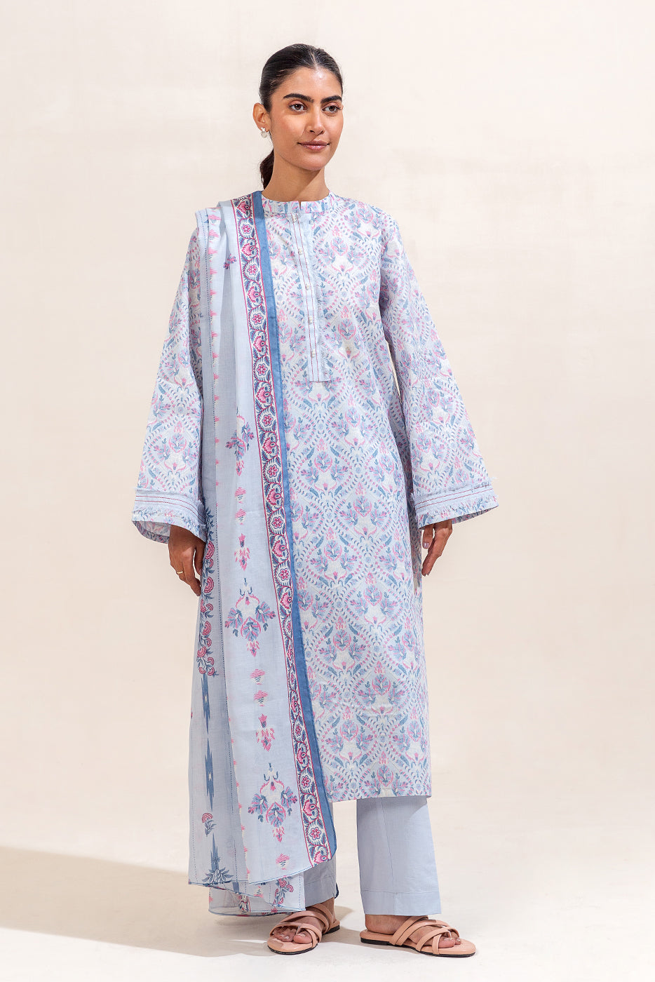 3 PIECE PRINTED LAWN SUIT-BLUE HUES (UNSTITCHED)