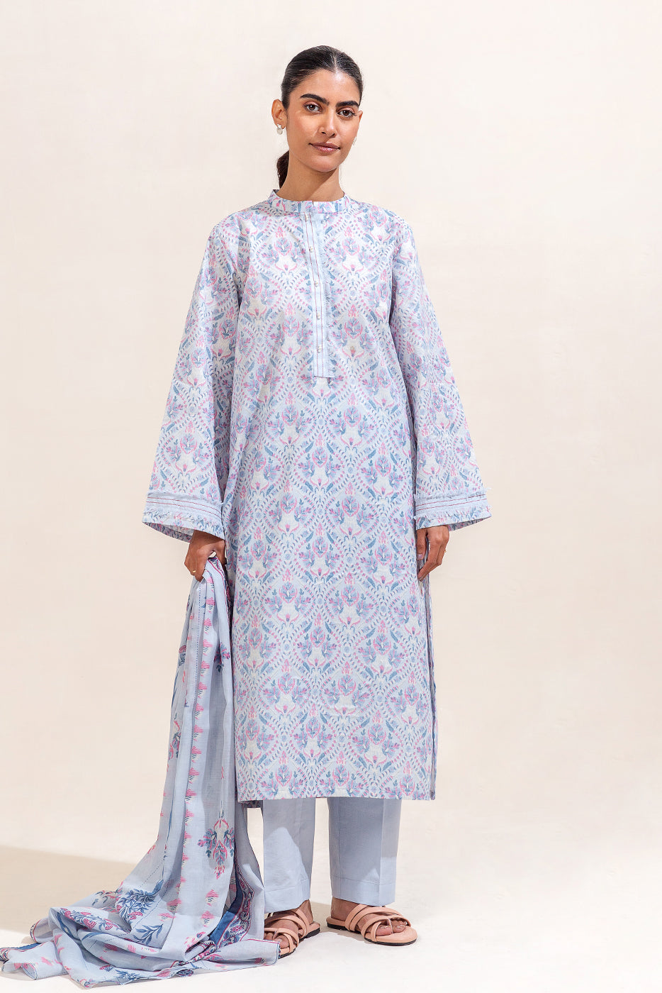 3 PIECE PRINTED LAWN SUIT-BLUE HUES (UNSTITCHED)