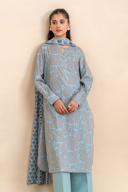 3 PIECE PRINTED LAWN SUIT-SILHOUETTE BLUE (UNSTITCHED)