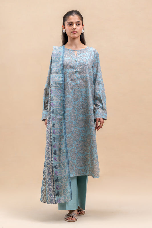 3 PIECE PRINTED LAWN SUIT-SILHOUETTE BLUE (UNSTITCHED)