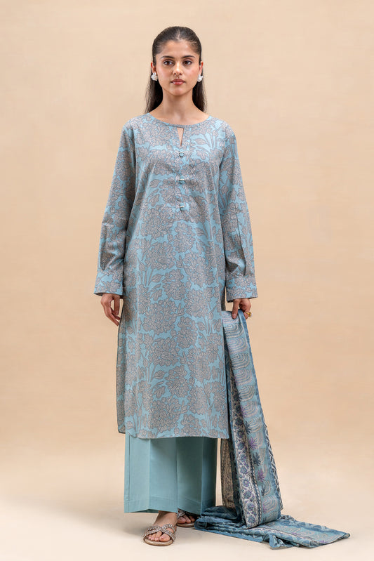 3 PIECE PRINTED LAWN SUIT-SILHOUETTE BLUE (UNSTITCHED)