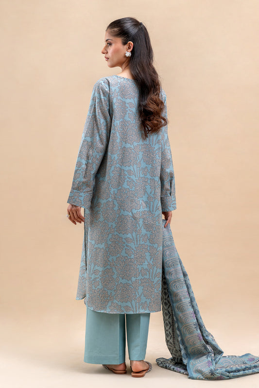 3 PIECE PRINTED LAWN SUIT-SILHOUETTE BLUE (UNSTITCHED)