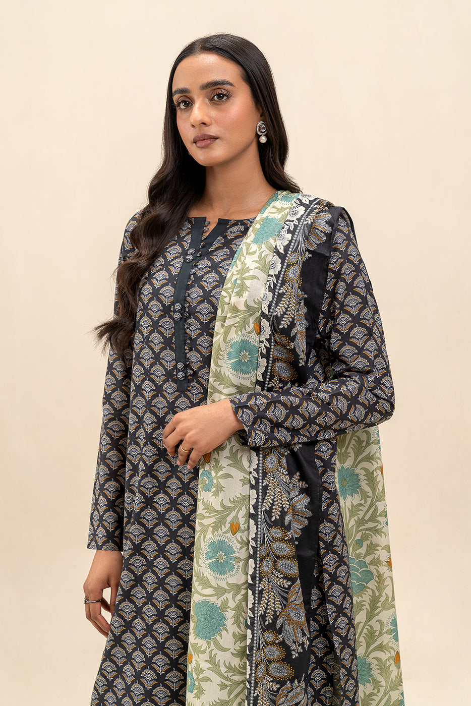 3 PIECE PRINTED LAWN SUIT-SABLE ASH (UNSTITCHED)