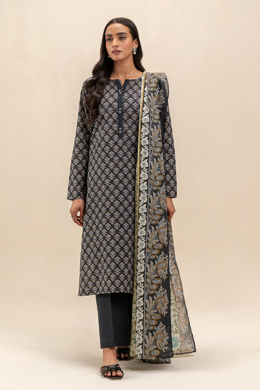 3 PIECE PRINTED LAWN SUIT-SABLE ASH (UNSTITCHED)