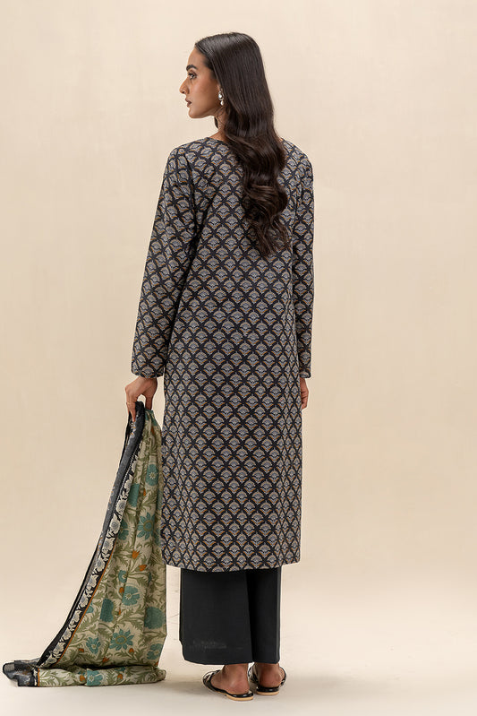 3 PIECE PRINTED LAWN SUIT-SABLE ASH (UNSTITCHED)