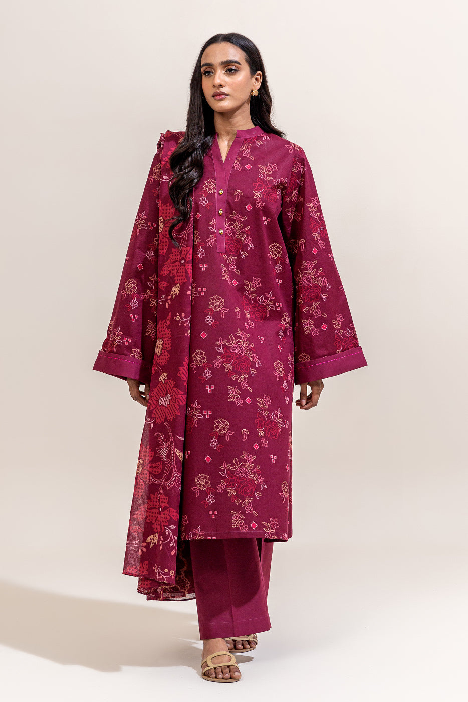 3 PIECE PRINTED LAWN SUIT-MYSTIC ROUGE (UNSTITCHED)