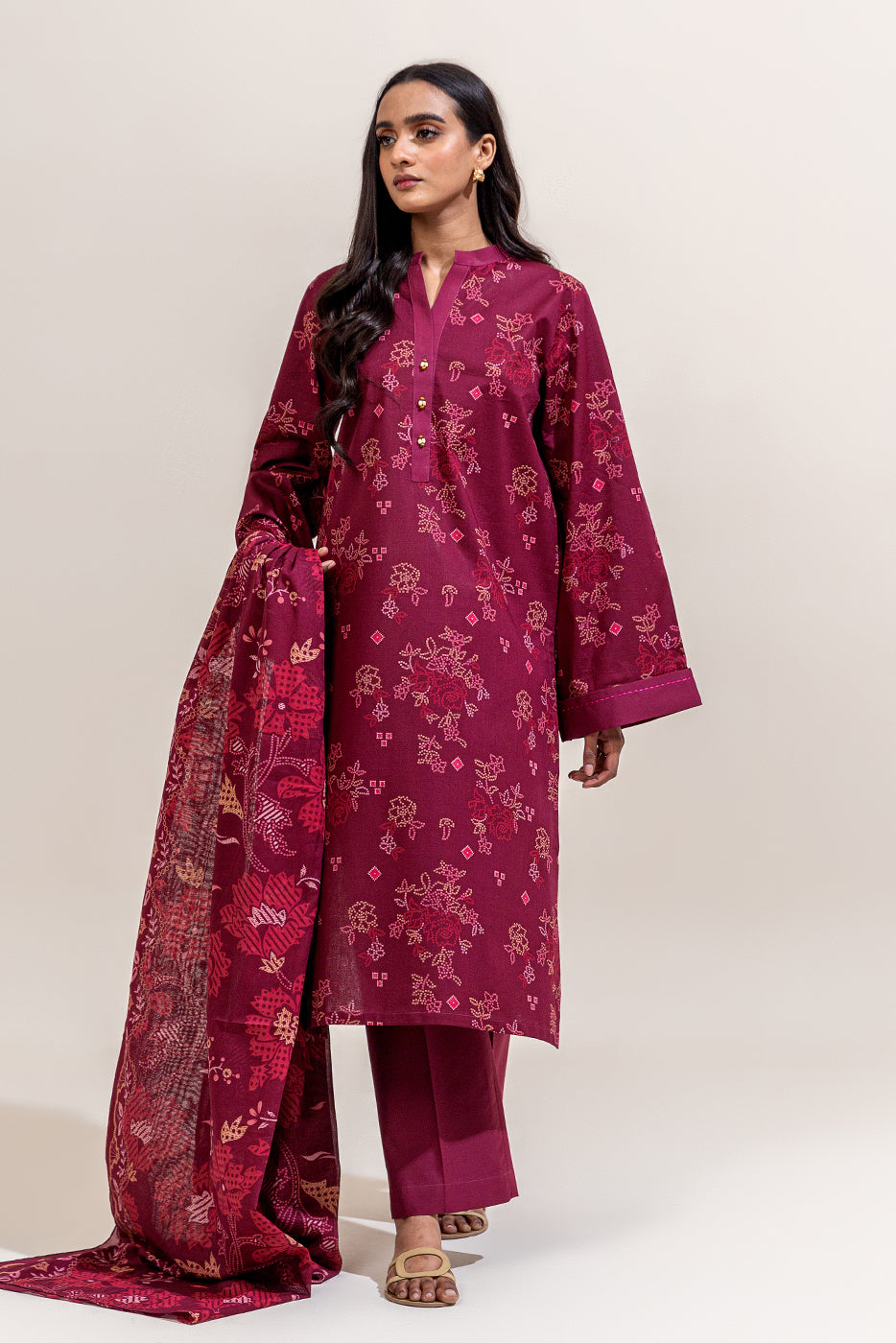 3 PIECE PRINTED LAWN SUIT-MYSTIC ROUGE (UNSTITCHED)