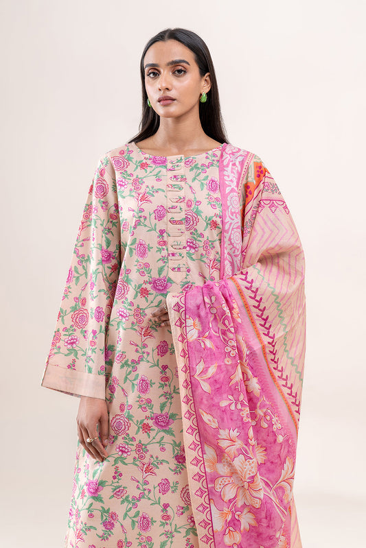 3 PIECE PRINTED LAWN SUIT-ROSACEA CREAM (UNSTITCHED)