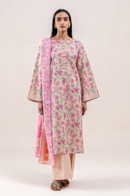 3 PIECE PRINTED LAWN SUIT-ROSACEA CREAM (UNSTITCHED)