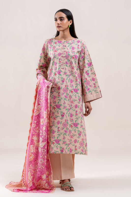 3 PIECE PRINTED LAWN SUIT-ROSACEA CREAM (UNSTITCHED)