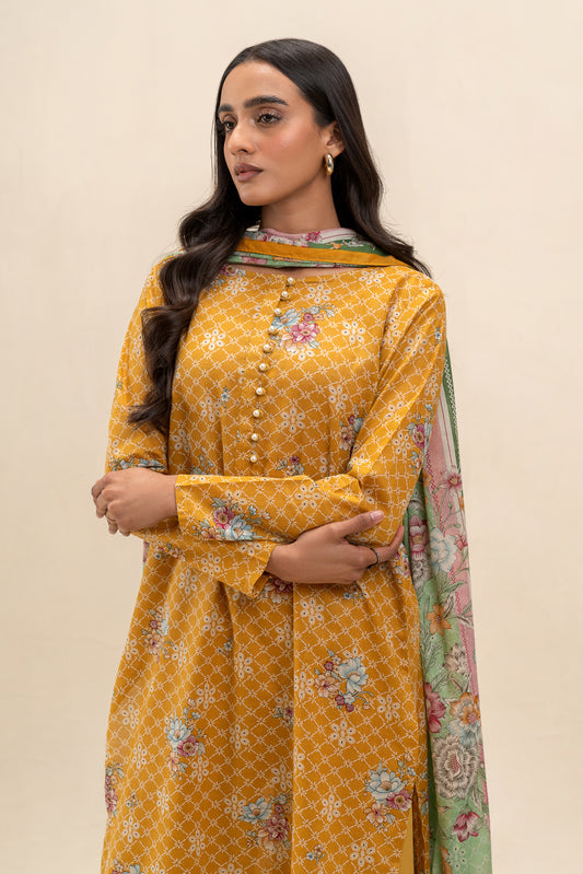 3 PIECE PRINTED LAWN SUIT-MUSTARD MAZE (UNSTITCHED)