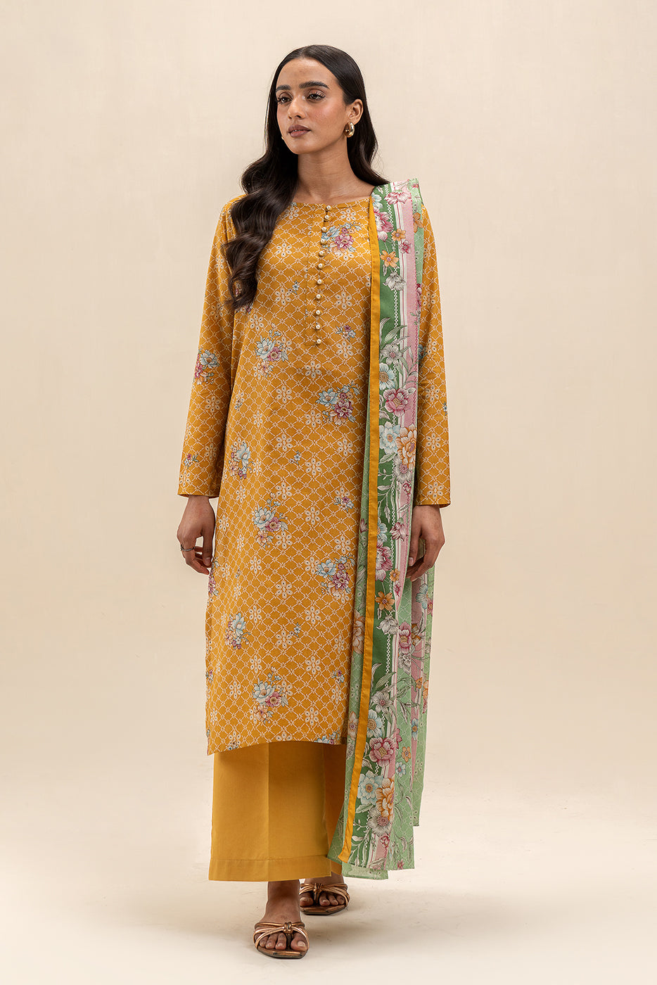 3 PIECE PRINTED LAWN SUIT-MUSTARD MAZE (UNSTITCHED)