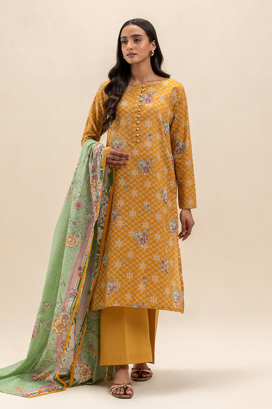 3 PIECE PRINTED LAWN SUIT-MUSTARD MAZE (UNSTITCHED)