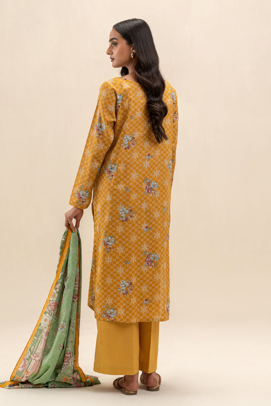 3 PIECE PRINTED LAWN SUIT-MUSTARD MAZE (UNSTITCHED)