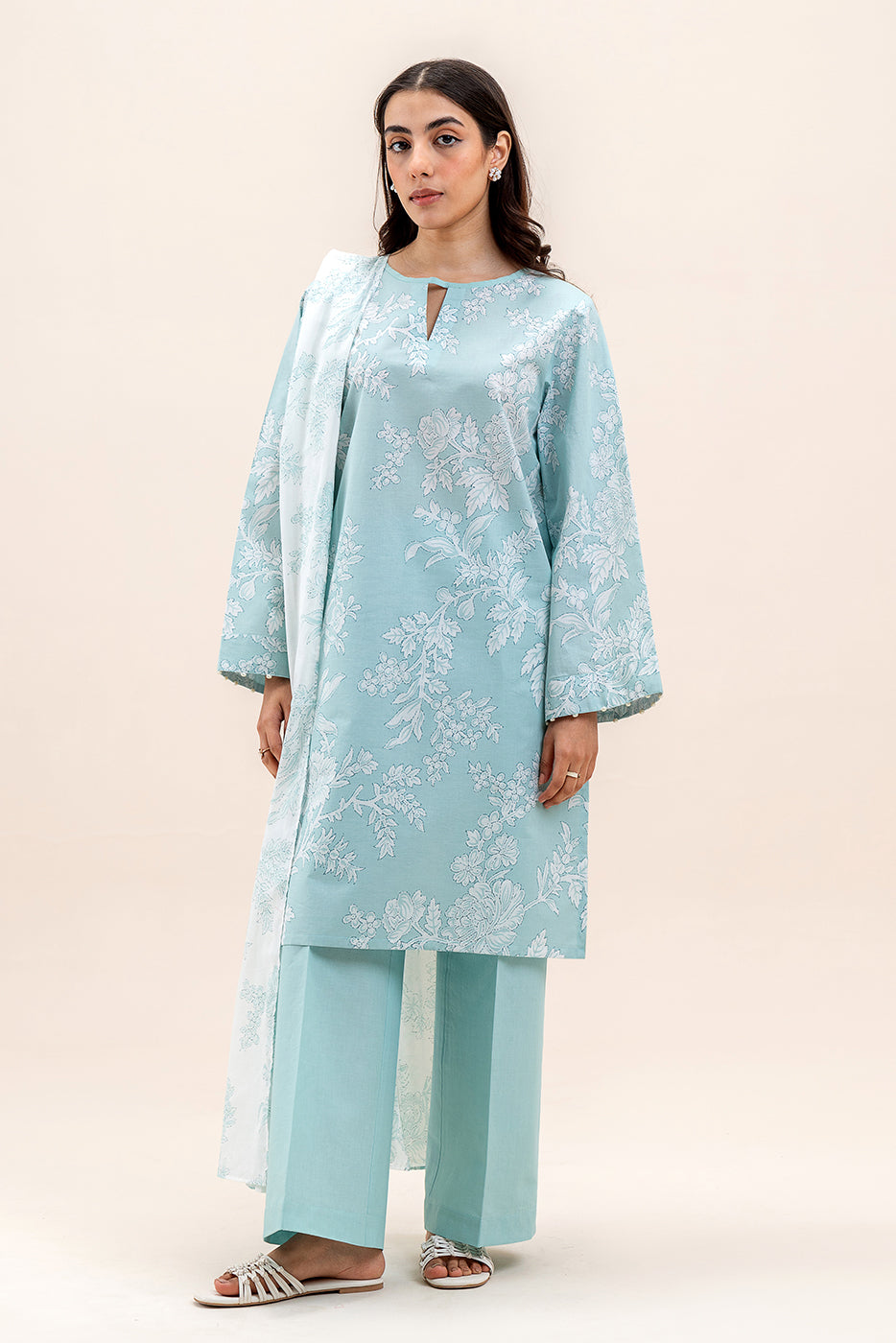 3 PIECE PRINTED LAWN SUIT-BLUE AURA (UNSTITCHED)