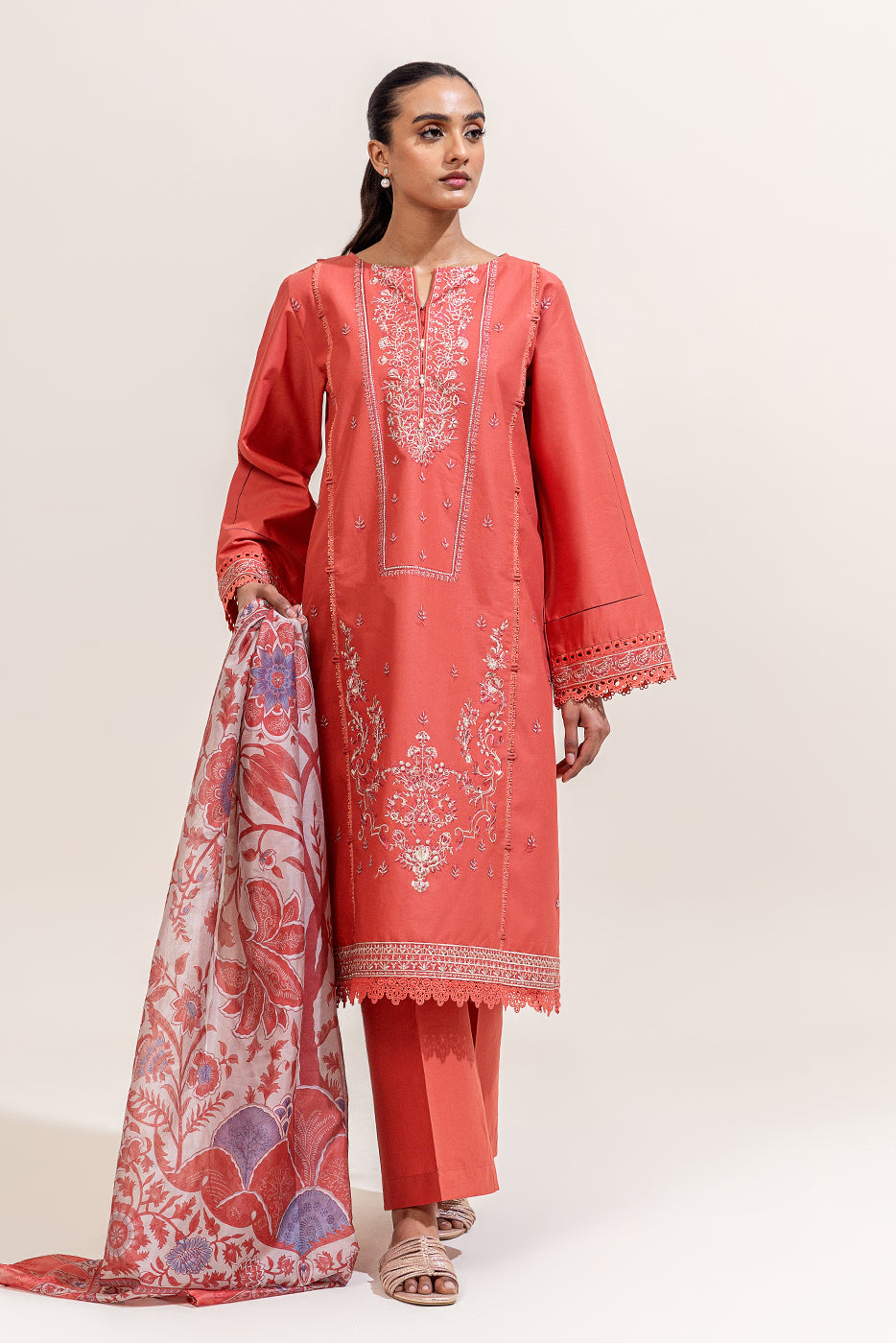 3 PIECE EMBROIDERED LAWN SUIT-CORAL MUSE (UNSTITCHED)