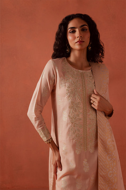 3 PIECE EMBROIDERED LUREX JACQUARAD  SUIT-BLUSH MELLOW