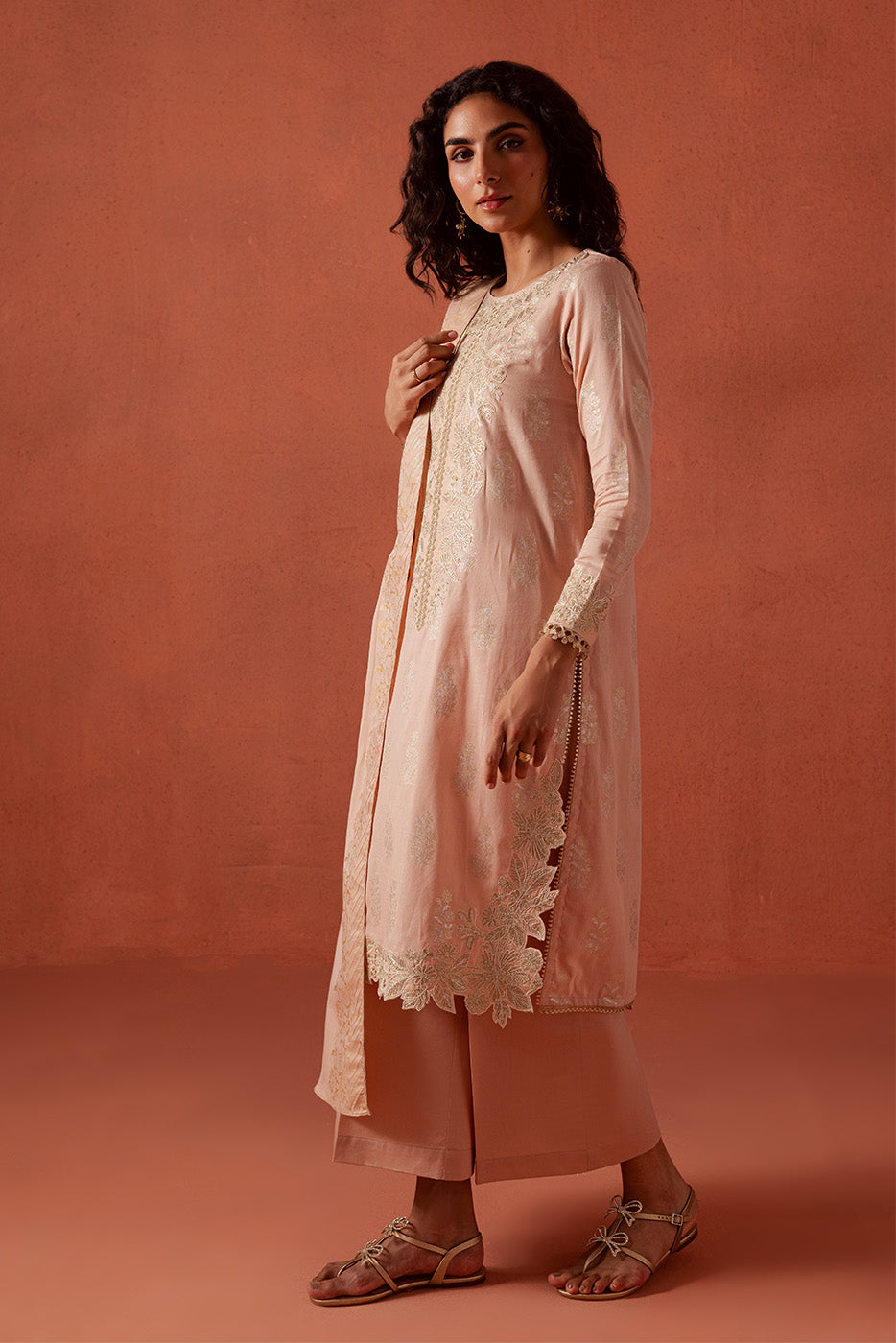 3 PIECE EMBROIDERED LUREX JACQUARAD  SUIT-BLUSH MELLOW