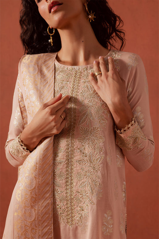3 PIECE EMBROIDERED LUREX JACQUARAD  SUIT-BLUSH MELLOW