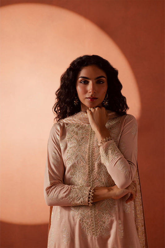 3 PIECE EMBROIDERED LUREX JACQUARAD  SUIT-BLUSH MELLOW