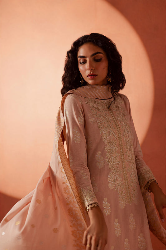 3 PIECE EMBROIDERED LUREX JACQUARAD  SUIT-BLUSH MELLOW