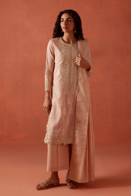 3 PIECE EMBROIDERED LUREX JACQUARAD  SUIT-BLUSH MELLOW