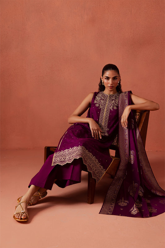 3 PIECE EMBROIDERED LUREX JACQUARAD  SUIT-SOLSTICE MOON (UNSTITCHED)