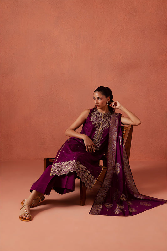 3 PIECE EMBROIDERED LUREX JACQUARAD  SUIT-SOLSTICE MOON (UNSTITCHED)