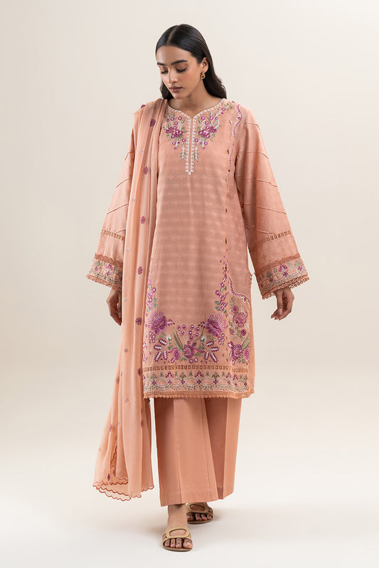 3 PIECE EMBROIDERED SELF JACQUARD SUIT-SALMON STITCH (UNSTITCHED)