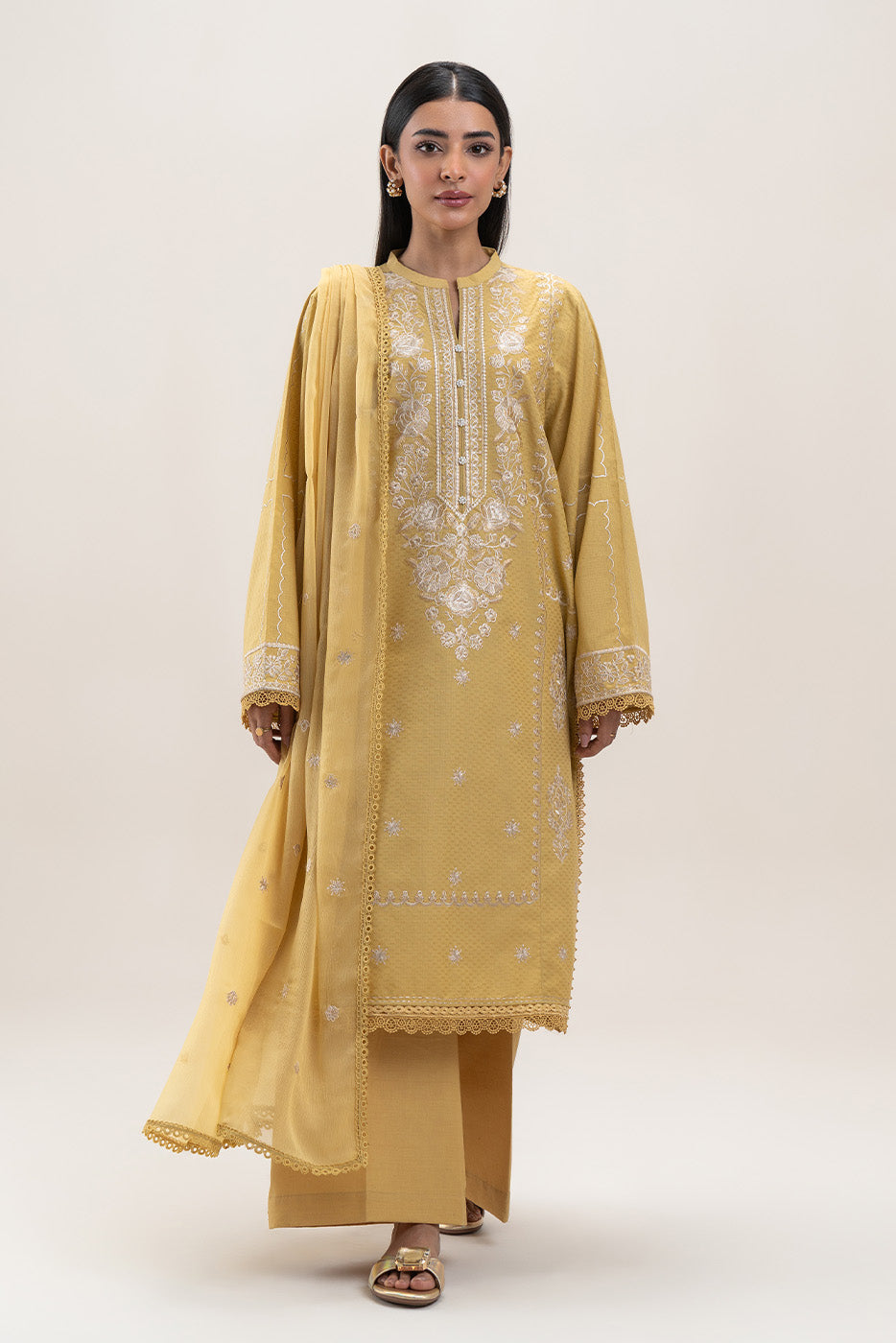 3 PIECE EMBROIDERED SELF JACQUARD SUIT-LIME GLAM (UNSTITCHED)