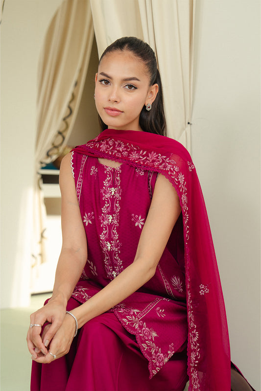 3 PIECE EMBROIDERED SELF JACQUARD SUIT-BERRY WEFT (UNSTITCHED)