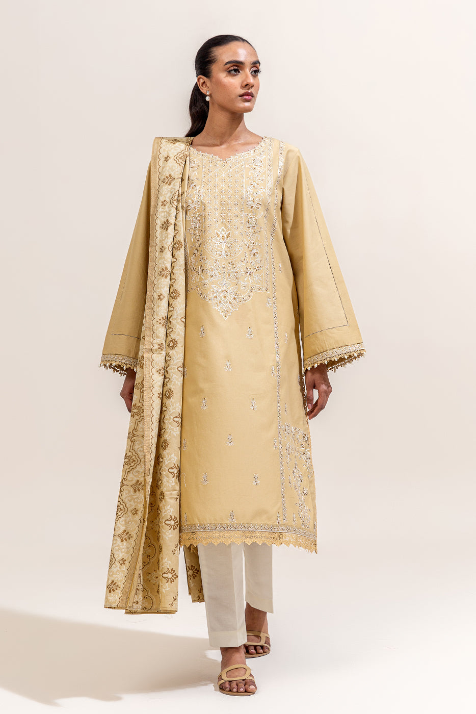 2 PIECE EMBROIDERED LAWN SUIT-CREAM GOLD (UNSTITCHED)