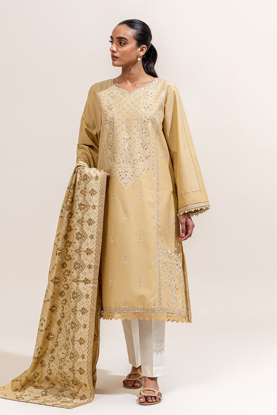 2 PIECE EMBROIDERED LAWN SUIT-CREAM GOLD (UNSTITCHED)