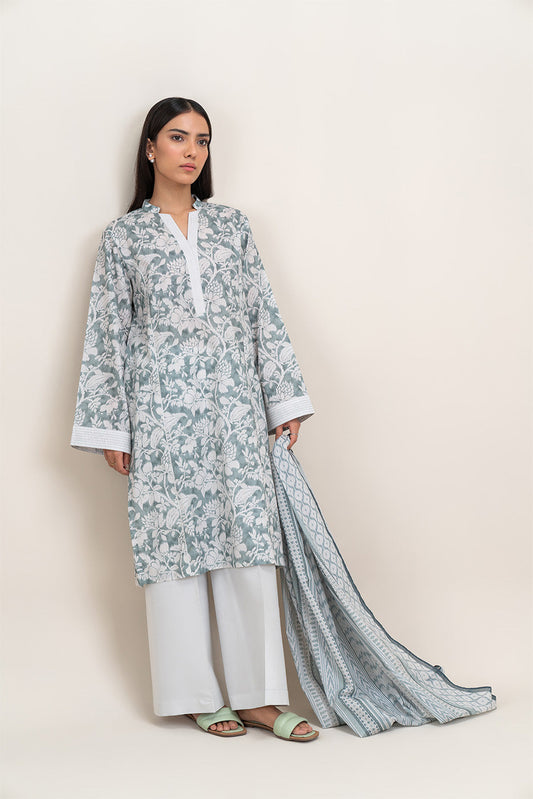 2 PIECE PRINTED LAWN SUIT-FOSSIL MIST (UNSTITCHED)