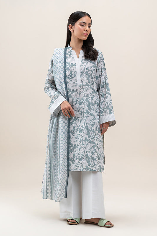 2 PIECE PRINTED LAWN SUIT-FOSSIL MIST (UNSTITCHED)