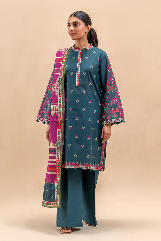 3 PIECE PRINTED LAWN SUIT-TRIBAL BLUE (UNSTITCHED)