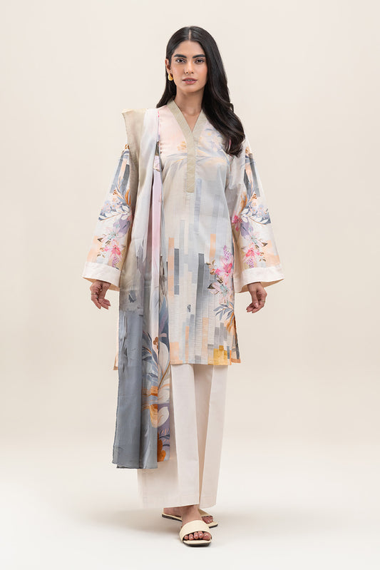 3 PIECE PRINTED LAWN LAWN SUIT-CERULEAN GRID (UNSTITCHED)