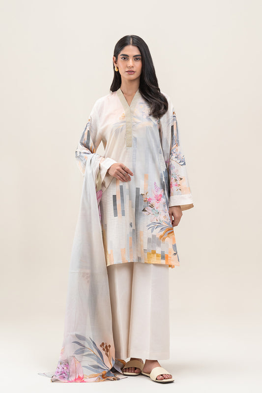3 PIECE PRINTED LAWN LAWN SUIT-CERULEAN GRID (UNSTITCHED)